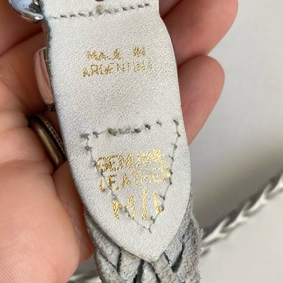 Vintage White Woven Leather Belt Braided Silver Tone Buckle Medium Large 90s Y2K